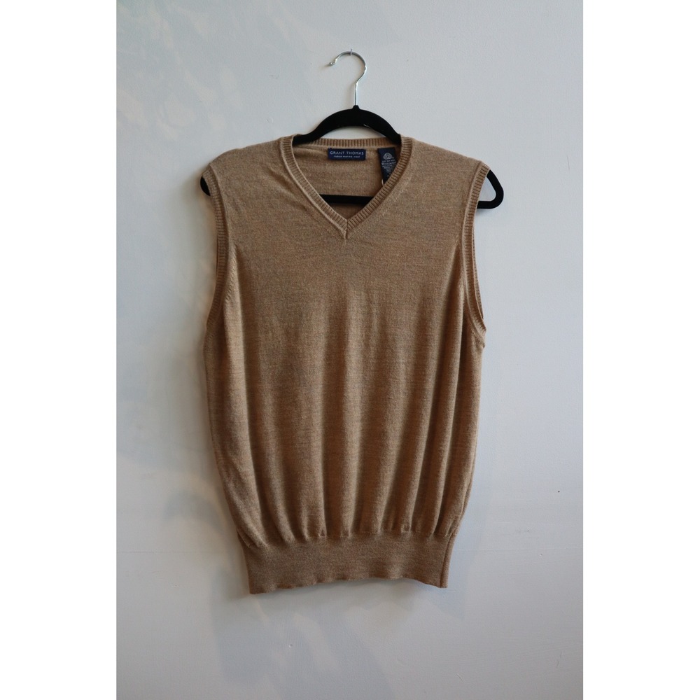 Grant Thomas Italian Merino Wool V-Neck Sweater Vest Tan Mens Medium Made Italy